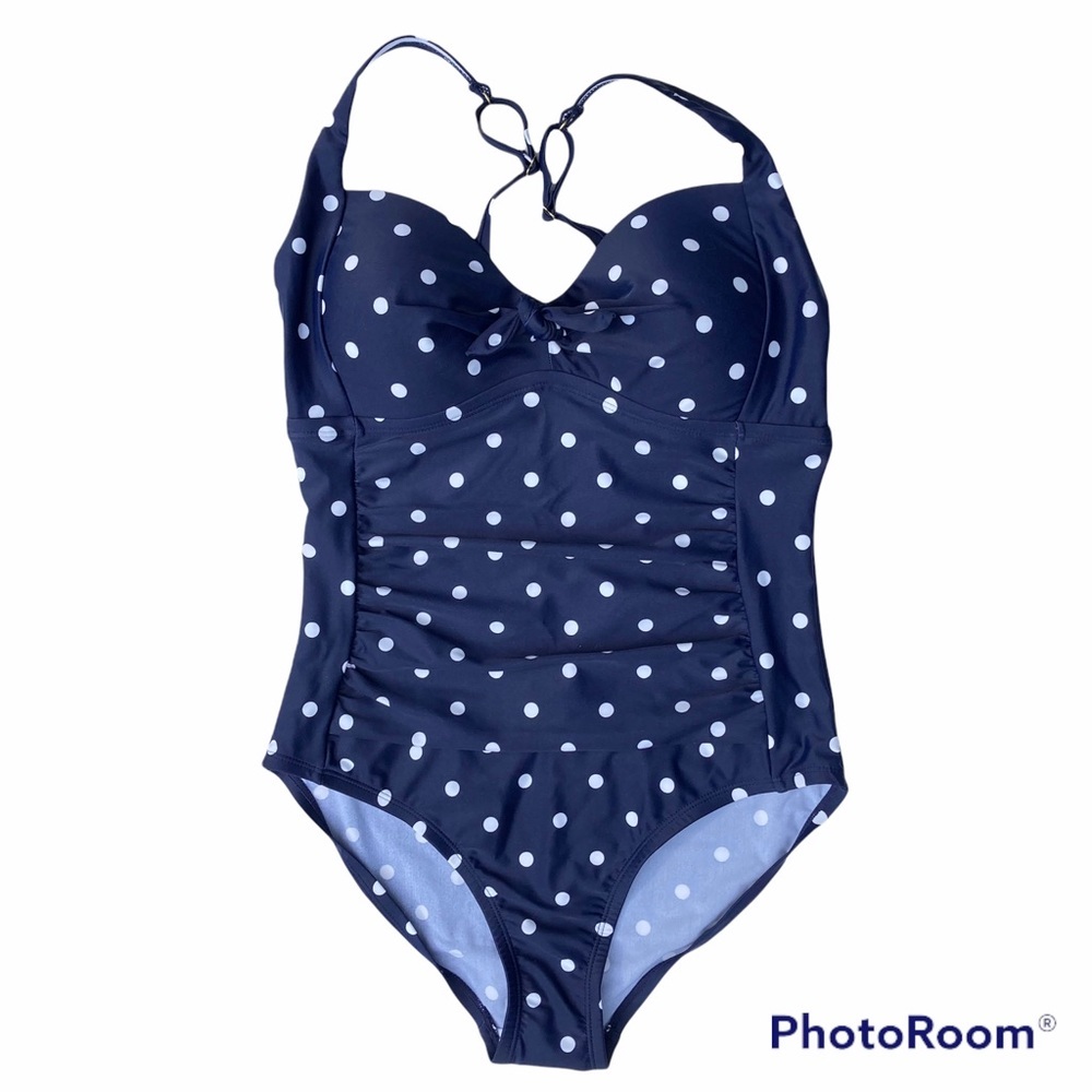 Kona Sol Swimsuit One Piece Size Medium 8-10 Polka Dot Navy And White Retro NWT